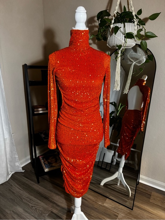 Dresses & Skirts - Sequin Turtleneck Bodycon Dress - Orange
